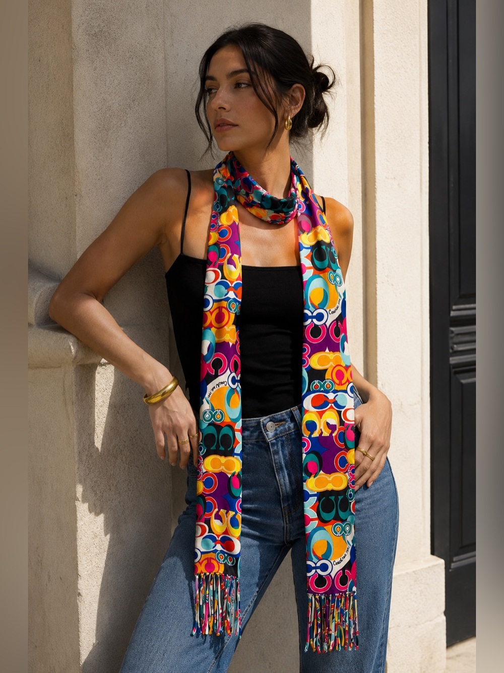Y2K Coach Signature Fringe Scarf Wrap Colorful Mod Print Long Scarf